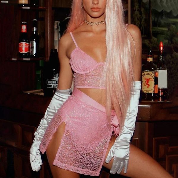 

two piece dress women pink 2 set back zipper camis crop irregular bandage split mini skirt matching suits festival party outfits, White