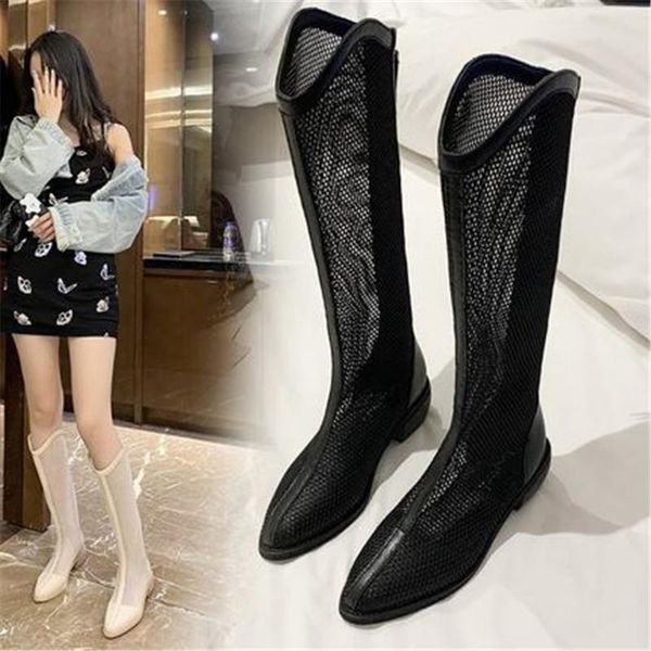 

boots women low heel mesh sandal breathable street pointed toe shoes female summer fashion hollow out knee-high long beige, Black