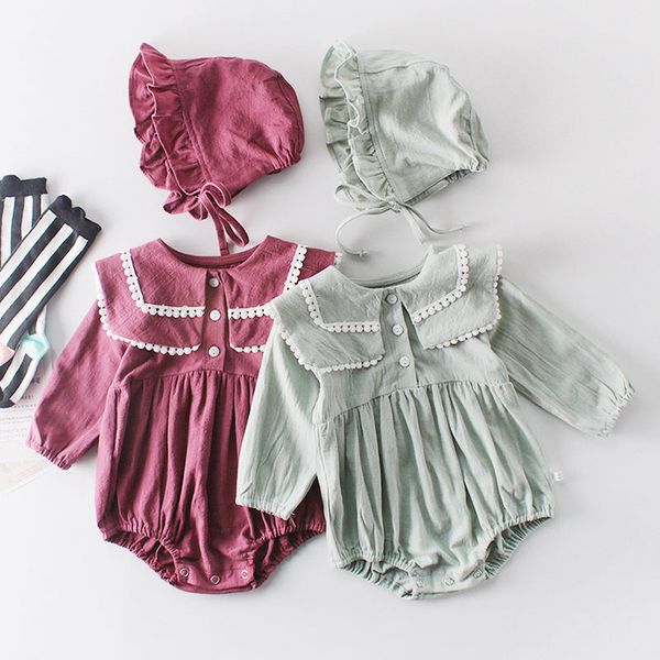 

spring autumn baby clothes bodysuit turn-down collar long sleeve infant girls rompers, Blue