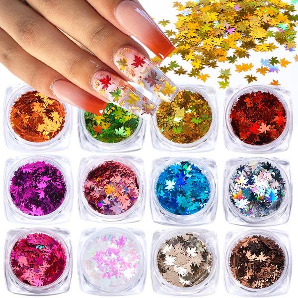 

nail glitter 14colors maple foliage laser sequins holographic autumn leaves manicure slice nails art decoration accessory flake be1528-1, Silver;gold