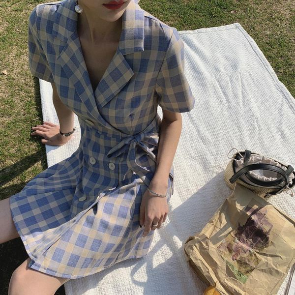 

dress potato collar , plaid skirt, waist, summer novelty, Black;gray