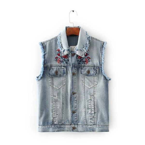 

women's vests 2021 women spring summer european fashion full cotton denim vest stylish flowers embroidery chinese clothing, Black;white