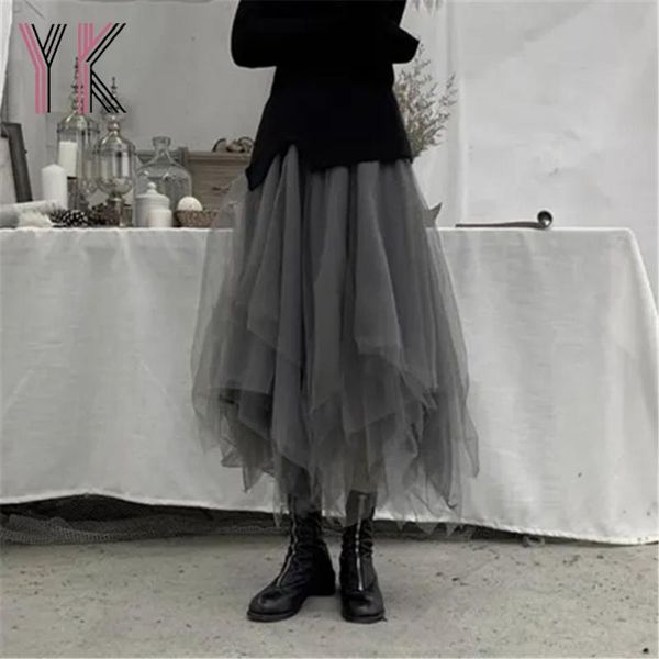 

skirts three-layer irregular mesh high waist long gothic black fashion harajuku midi skirt 2021 summer loose korean casual saia