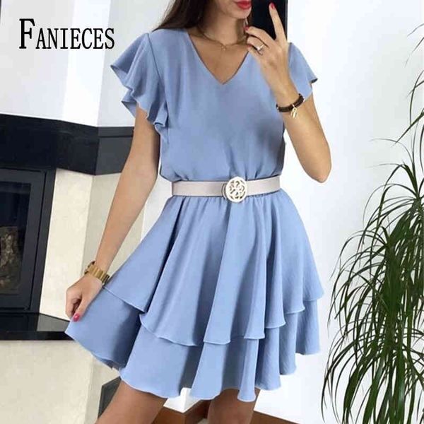 Casual O Hals Kurze Schmetterlingsärmel Rüschen Minikleid Chiffon Solide A-Linie Blau Rot Frauen Kleider Sommer Vestidos 210520