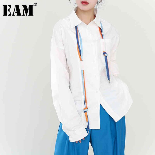 

[eam] women string bandage big size white blouse lapel long sleeve loose fit shirt fashion spring autumn 1dd451100 21512