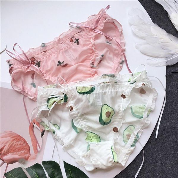 

women's panties korean avocado fruit seamless women underwear micro cute ruffle bows briefs girls lingerie lacing up thongs, Black;pink
