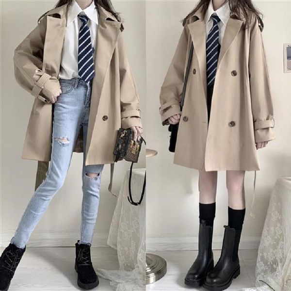 

women's trench coats autumn winter mid-length coat harajuku preppy style double-breasted loose collar japanese, Tan;black