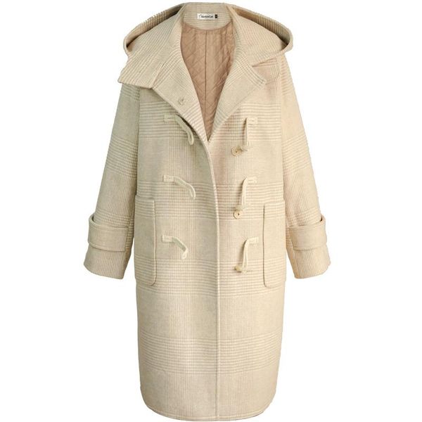 

women's wool & blends fashion horns buckle woolen coat women medium long preppy style winter hooded casual warm, Black