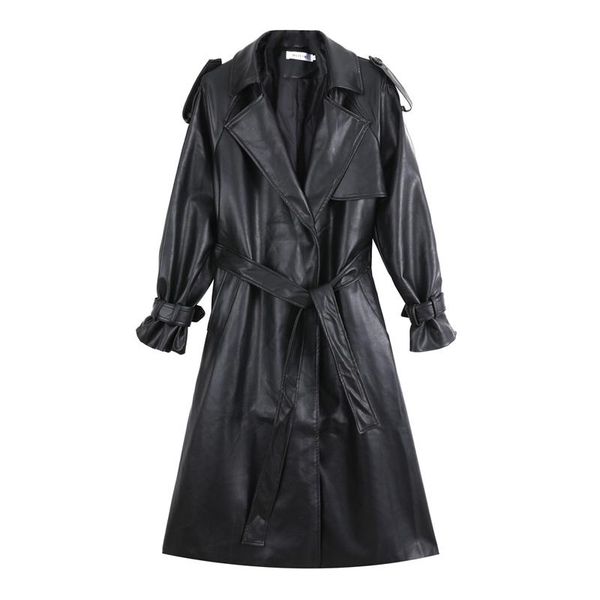 

women's trench coats fashion brand long pu leather coat with belt lady windbreaker waterpoof female outerwear spring autumn black, Tan;black