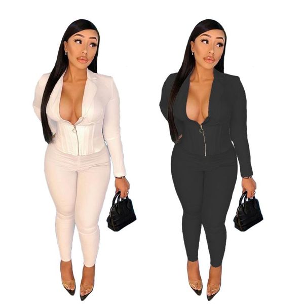 

women's two piece pants autumn winter set long sleeve tunic notched neck and tracksuit fitness outfits, White