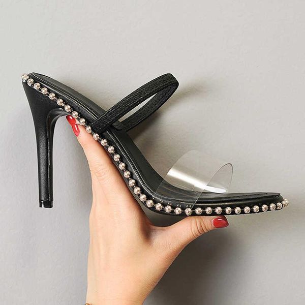 

sandals beads with transparent fish mouth stiletto high heel, Black