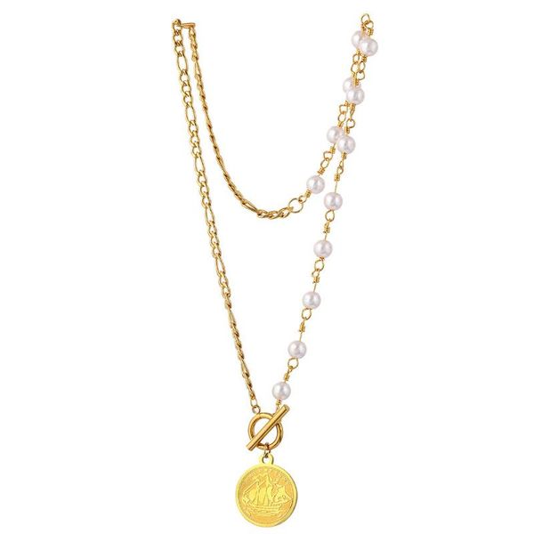 

pendant necklaces 316l stainless steel fashion simple stitching thick chain sail personality ot buckle french pearl necklace no fade, Silver
