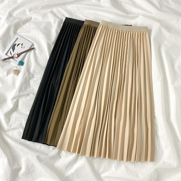 

skirts korean style spring prepply drape solid mustard a-line calf long pleated, Black