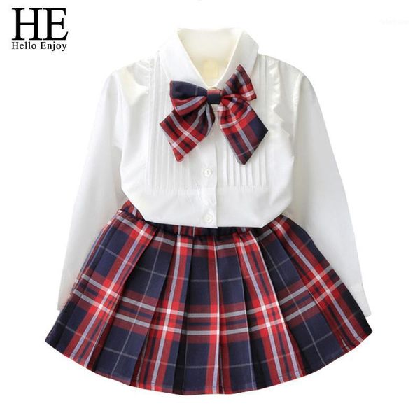 

clothing sets he hello enjoy autumn kids baby girl clothes long sleeve t-shirt+grid skirt +bowknot casual suits student girls'1, White