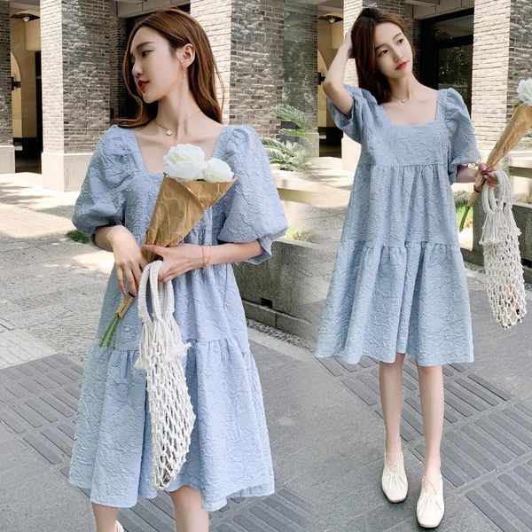 

maternity clothes summer squared collar short sleeve easy matching loose stylish dress for pregnant women mom dresses, White