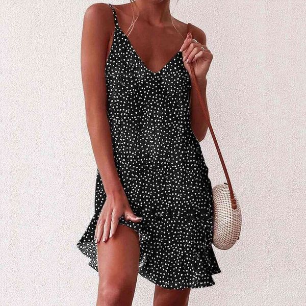 

summer sundress polka dot womens dresses printed temperament v neck sling knee length dress elegant women vestidos femininos, Black;gray