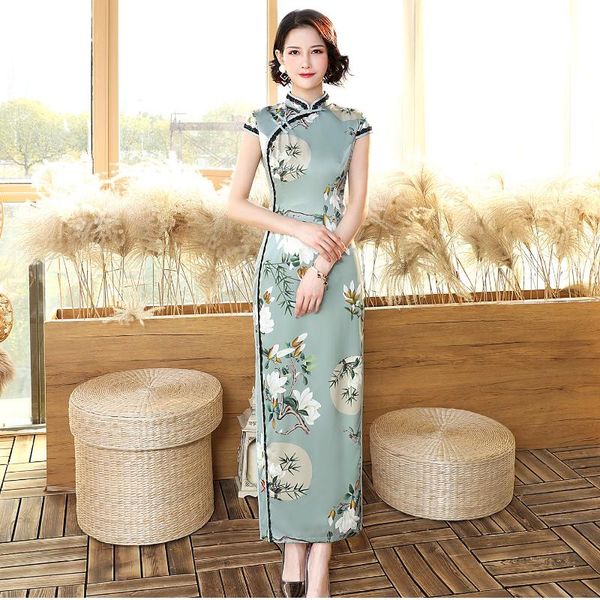 

ethnic clothing traditional chinese dresses cheongsam flowers landscape long qipao dress split tang costume lady banquet plus size, Red