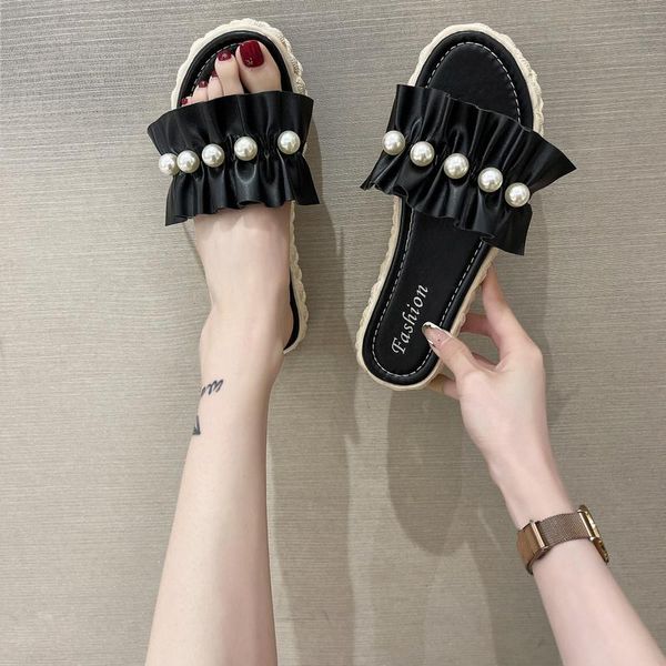 

slippers women's flip flops 2021 the solid color all-match comfortable round head open toe sandals platform casual female shoes, Black