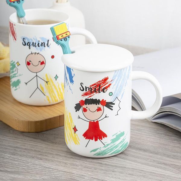 

mugs 480ml personality graffiti ceramic mug cartoon couple coffee cup with lid spoon children cute milk cups