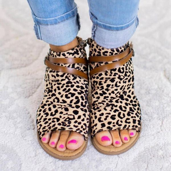 

summer ladies leopard print flat sandals women non-slip fashion casual beach open toe breathable #4, Black