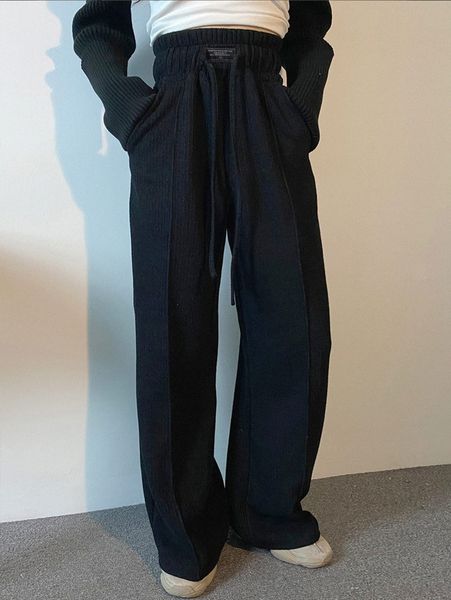 

dazy letter patch drawstring waist corduroy wide leg pants i7k9#, Black;white
