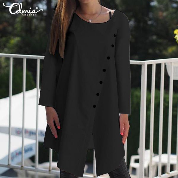 

women's blouses & shirts celmia women asymmetrical blouse 2021 autumn fashion long sleeve o-neck tunic casual solid buttons shirt blusa, White
