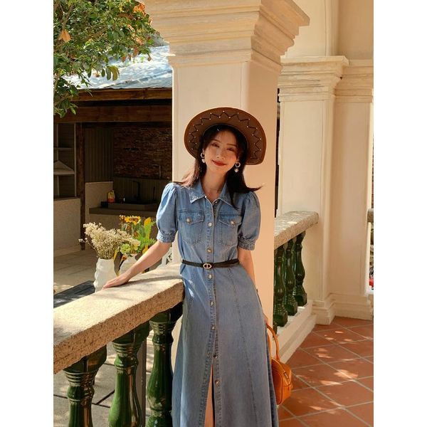 

two piece dress interpretation of american and korean style single breasted denim 2021 summer ol commuter fashion open8365, White