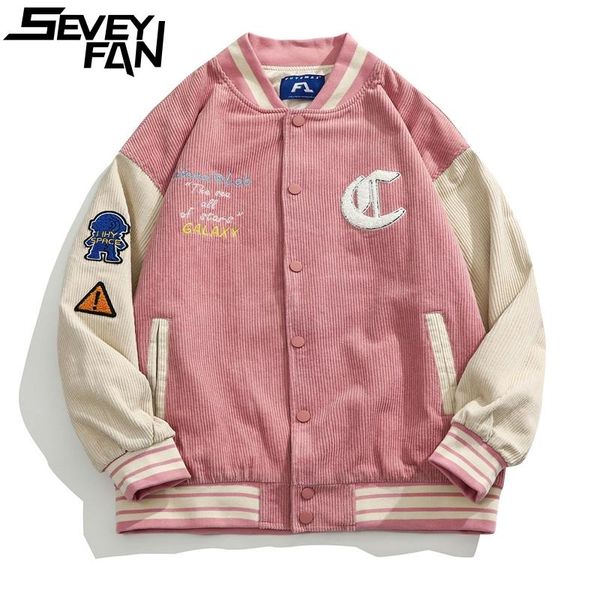 

men's jackets seveyfan harajuku corduroy patchwork oversize towel embroidery baseball coat hip hop for male, Black;brown