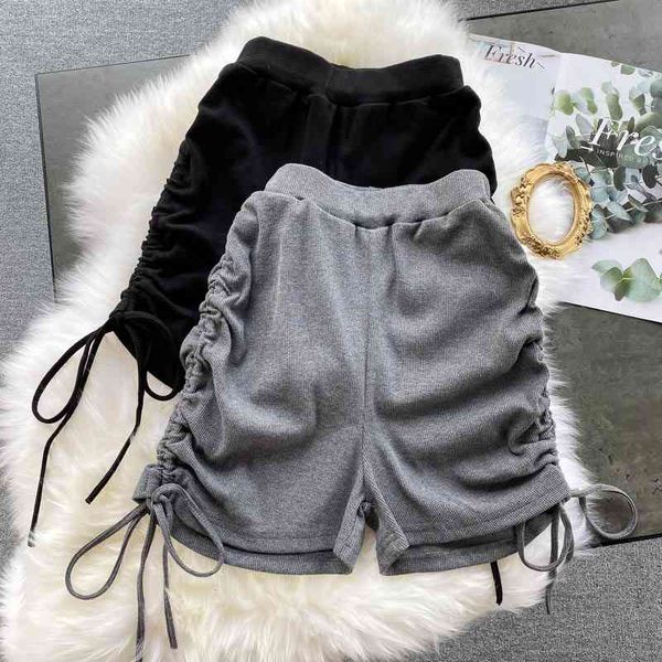 

summer women's shorts scheming drawstring folds slim fit all-match solid color high-waisted thin wide-leg pants 210709, White;black