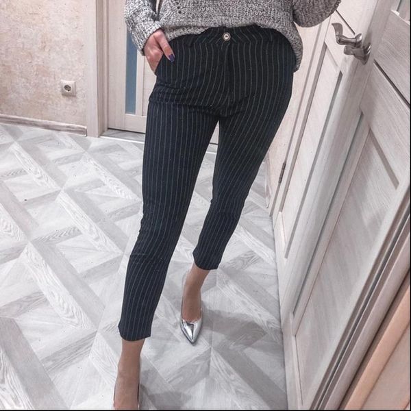 

casual women womens pant striped pencil pants high waist suit pockets work business trouser female bottom pantalon, Black;white