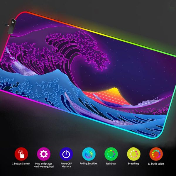 

mouse pads & wrist rests luminous gaming pad rgb 90x40 japanese art wave locking edge backlight mat led mousepad anime carpet pc gamer free