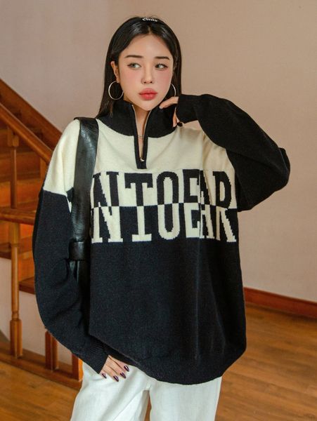 

dazy letter pattern quarter zip drop shoulder sweater a3bw#, White
