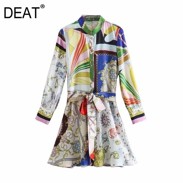 

[deat] fashion spring turn-down collar high waist single-breasted long sleeve printing loose dress women 13c233 210527, Black;gray