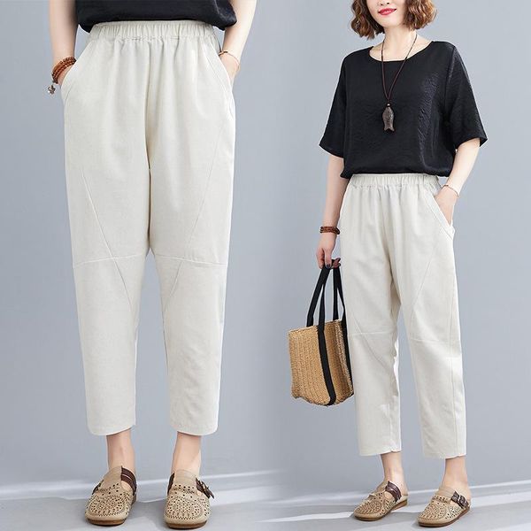 

summer style cotton linen pants female loose korean-style large size high-waisted casual harun radish capri women's & capris, Black;white