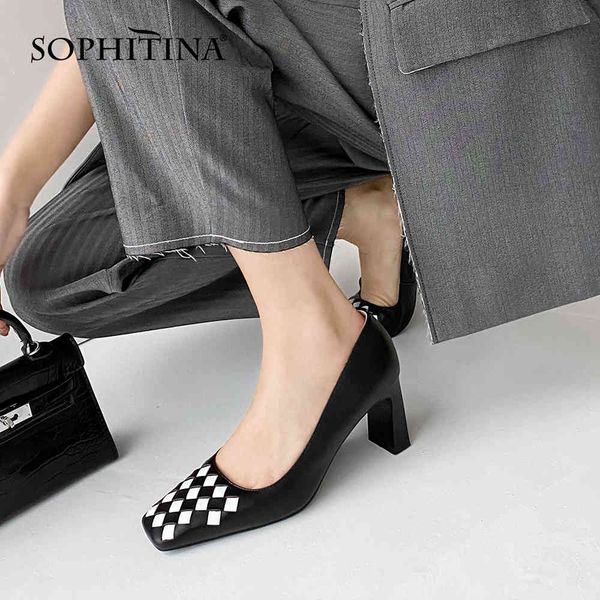 

sophitina pumps woman genuien leather shallow square toe plaid excellent shape high square heel office lady shoes fo06 210513, Black