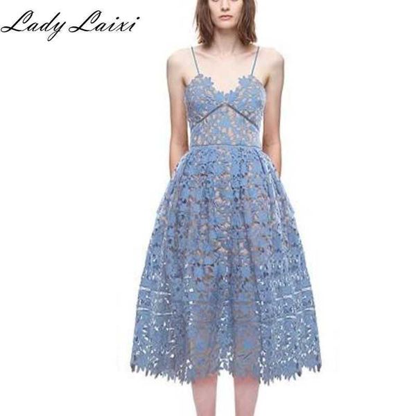 

runway summer self portrait women's spaghetti strap lace mid-calf dresses crochet v neck backless dress vestidos 210529, Black;gray