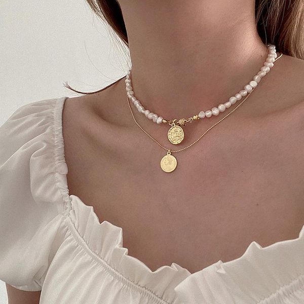 

pendant necklaces lovoacc french double-layers head portrait coin necklace for women natural freshwater pearl chokers jewelry, Silver