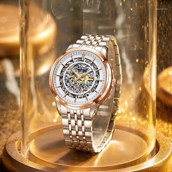 

men skeleton watch fashion waterproof hollow movement automatic mechanical watches luxury design brand wristwatch for wristwatches, Slivery;brown