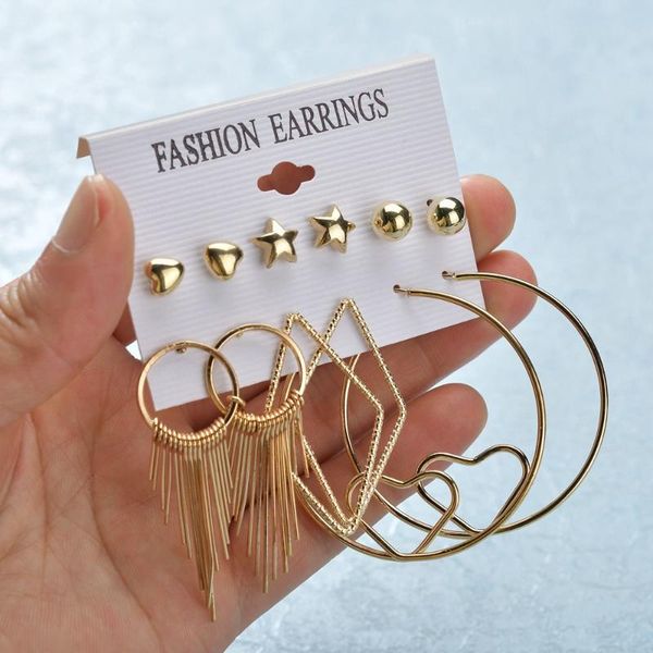 

dangle & chandelier punk style big circle tassel earrings 6-pair suit, Silver