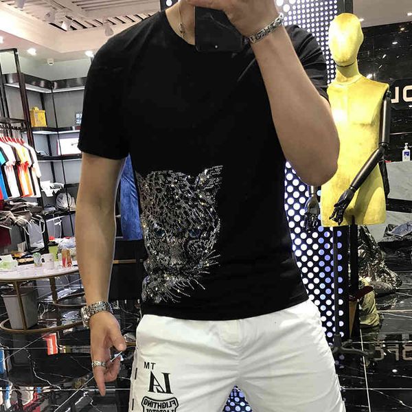 

men's t-shirts european summer and american fine diamond fashion leopard shirt bright cotton short sleeves exbr, White;black