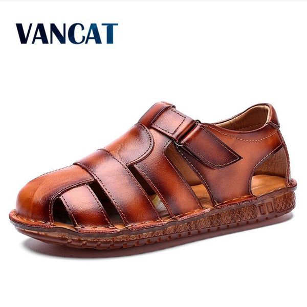 

sandals 2021 summer genuine leather men breathable outdoor beach roman casual men's shoes size 38-48, Black