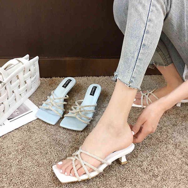

slippers 2021 narrow band rhinestone women slides thin low heels solid color summer f75q, Black