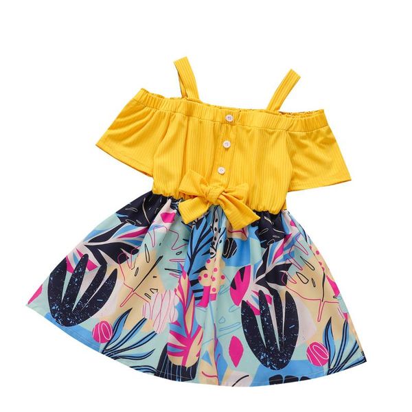 

girl's dresses 2021 summer children's clothing sweet off-shoulder strap bowknot girls dress, Red;yellow