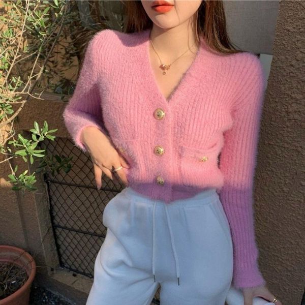 

women's knits & tees woman sweaters cardigan autumn and winter air plush v-neck long-sleeve knitwear short top, White