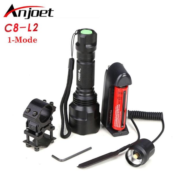 

anjot led hunting outdoors xml-l2 c8 tactical aluminum 1 modes torch light with 18650 & charger gun mount flashlights torches