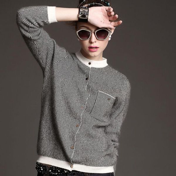 

women's knits & tees striped sweater long sleeve casual knitted cardigan wool blend single breasted tide for spring autumn, White
