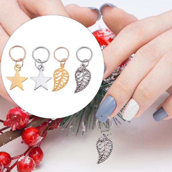 

40pcs braid rings star leaves pendants dangle nail art charms decorations, Silver;gold