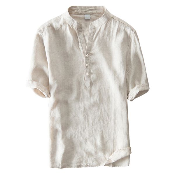 

men's pullover linen short sleeve summer breathable mens quality casual slim fit solid cotton shirts men, White;black