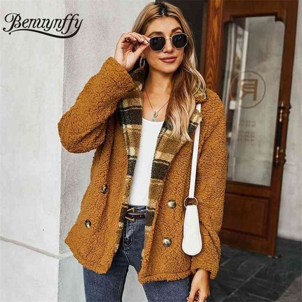

autumn winter fleece faux fur jacket coat women notched collar double breasted teddy streetwear casual outerwear 210510, Black;brown