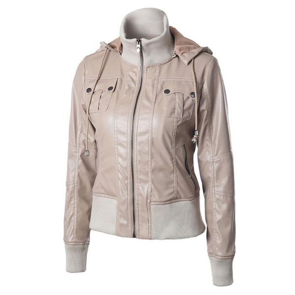 

women's leather & faux autumn winter women casual pu jackets leisure locomotive motorcycle pockets zipper log sleeve hooded female, Black